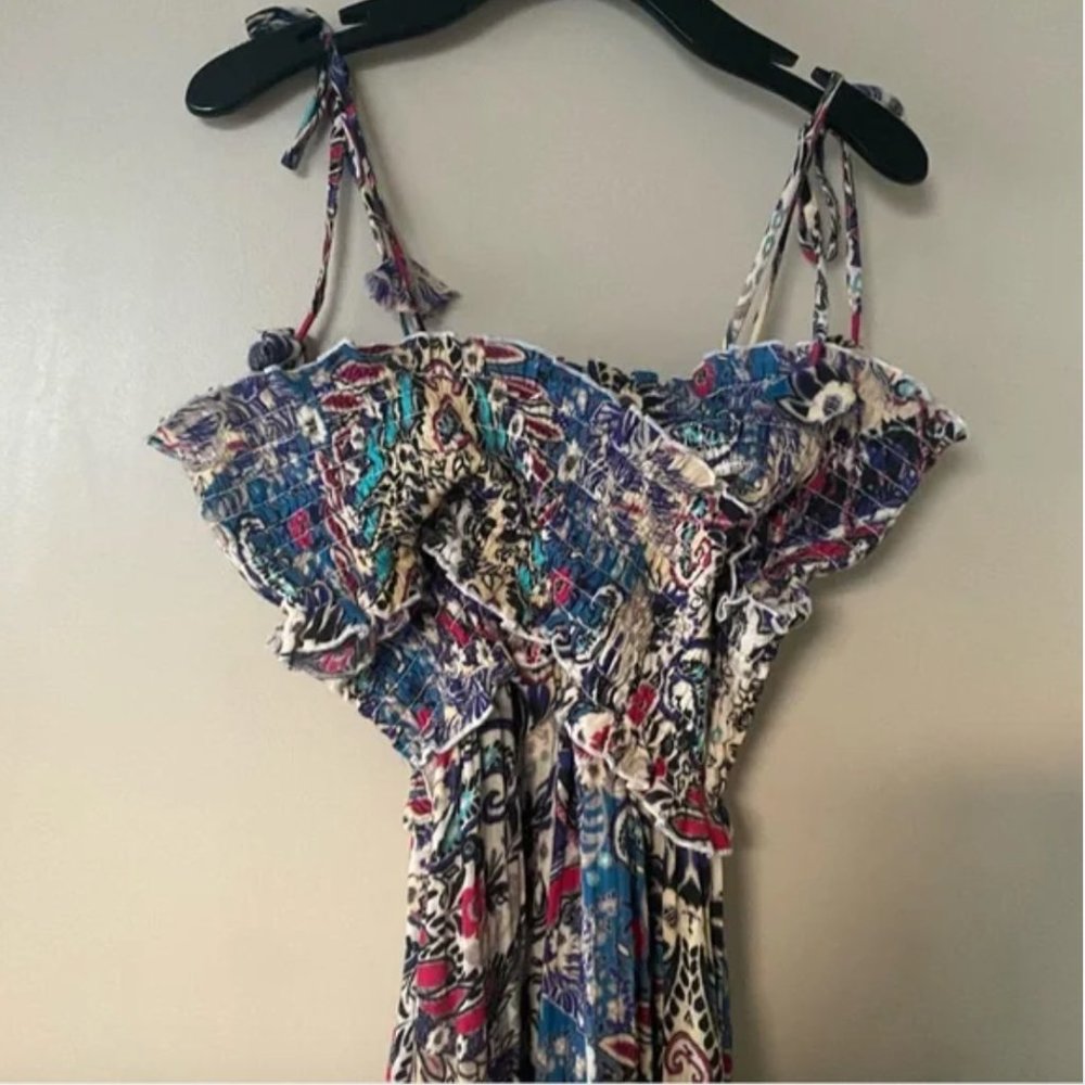 NWT Anthropologie | Blue Tan Smocked Gauze Criss-Cross Paisley Print Maxi Dress - Picture 5 of 10